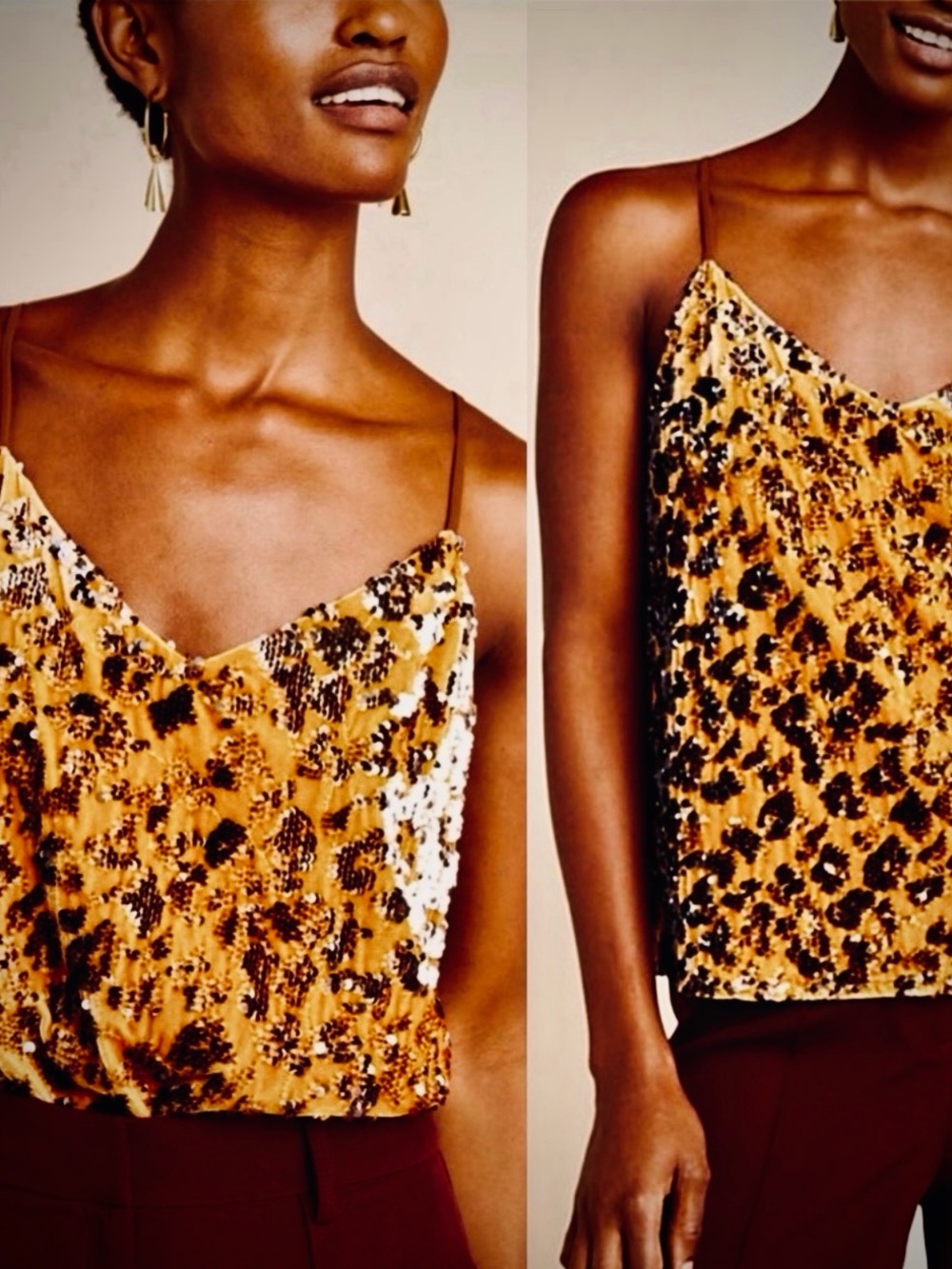 ♥️ RO + DE Sequin Leopard Print Cami Tank Top - Mustard ANTHROPOLOGIE SEQUIN - Picture 3 of 16